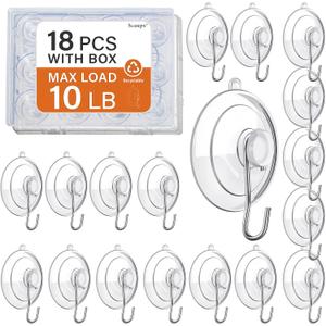 18 Pack Suction Cup Hooks Max Load 10LB, 1.77Inch Suction Cup Hook for Glass Window, Reusable, Suitable for Glass, Windows, Bathrooms, Kitchens, Tiles, Shower Cubicles
