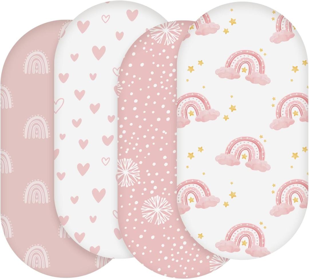 Soarwg Kids Bassinet Sheets 4 Pack, Bassinet Sheets for Baby Boy and Girl, Bassinet Sheet Neutral, Fit for Rectangle, Round, Oval, Hourglass Mattress, Flexible for Different Bassinet Pad/Mattress (Starlit Rainbow (Pink))