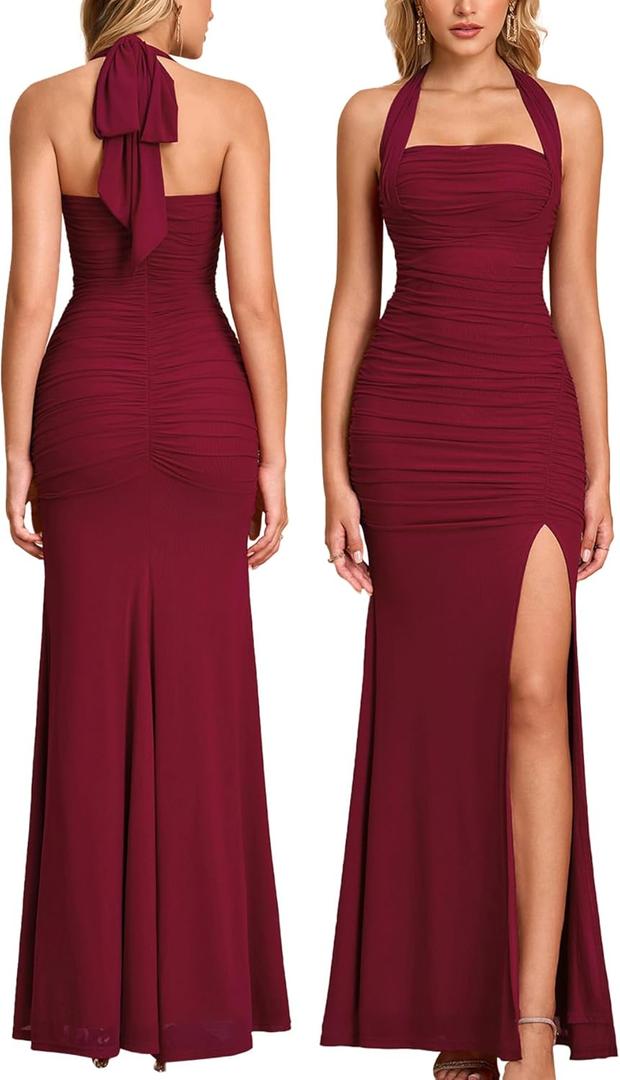 Women Bodycon Maxi Dress High Slit Halter Tie Ruched Long Formal Cocktail Wedding Guest Dresses (Red, M)