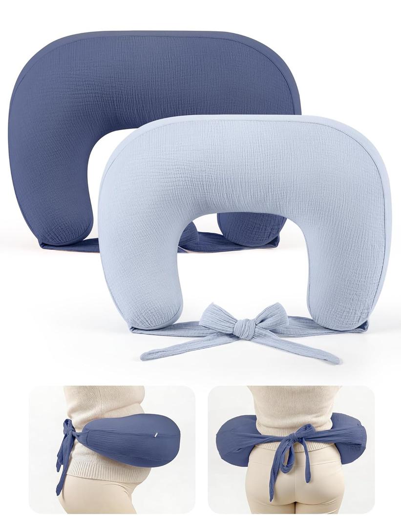 lulumoon Muslin Nursing Pillow Covers - 2-Pack Soft Cotton Slipcovers for Breastfeeding & Bottle-Feeding - Extension Strap for Snug Fit & No Sliding - Hidden Zipper Safety for Newborn Baby (Navy & Mist Blue)