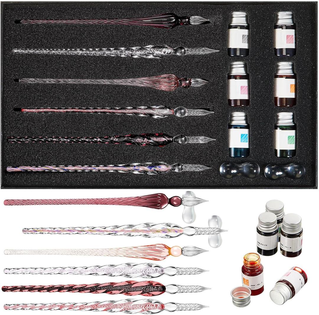 Zonon Glass Dipped Pen Ink Set 14 Pcs Crystal Signature Calligraphy Include 6 Pcs Glass Dip Pen 6 Colorful India Ink and 2 Holder for Art Writing Gift(Purple Pink Color System)
