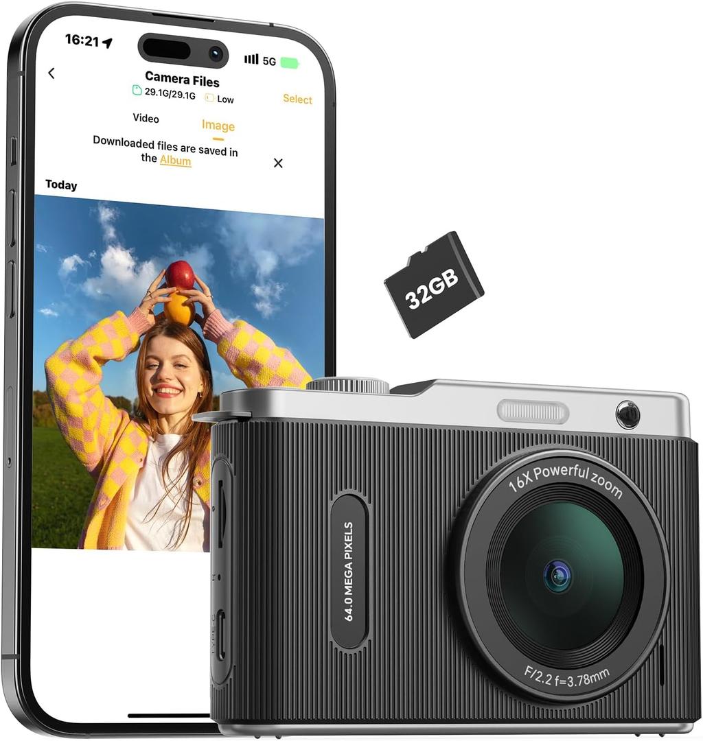 Digital Camera for Kids with Switching Dual Lens, 64MP 4K Point and Shoot Camera with 32GB Card, WiFi, 16X Zoom, Anti Shake, Portable Compact Cameras for Teens Girl Boy Kids Starter Black