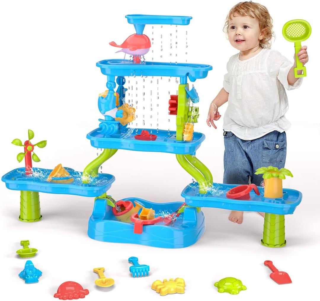 VGY 5-Tier Water Table for Toddler 3-5 4-8, Kids Summer Outdoor Water Table Beach Toys, Kids Water and Sand Activity Sensory Table, Rain Shower Splash Pond Toddler Water Play Table for Boys Girls