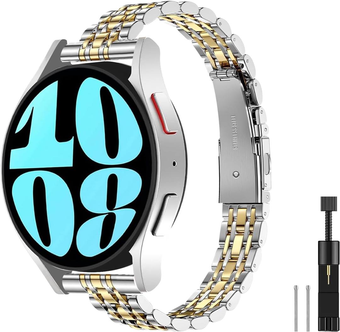 Slim Stainless Steel Bands Compatible for Samsung Galaxy Watch 7/FE/6/5/4 40mm 44mm, Watch 6/4 Classic 43mm 47mm 42mm 46mm, 5 Pro 45mm, 20mm Dressy Metal Chain Thin Strap for Women (Silver/Gold)