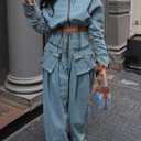 KANSOON Women Denim Set Jean 2 Piece Outfit Cargo Zip Long Sleeve Crop Jacket Wide Leg Pant Drawstring Loose Fit (Blue, S)