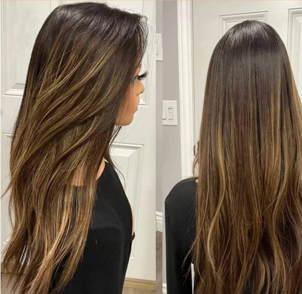 Ombre Caramel Brown Highlights Wigs With Bleached Knots Brazilian Remy Hair Balayage Colored for Women Highlight Straight Glueless Wigs 16"