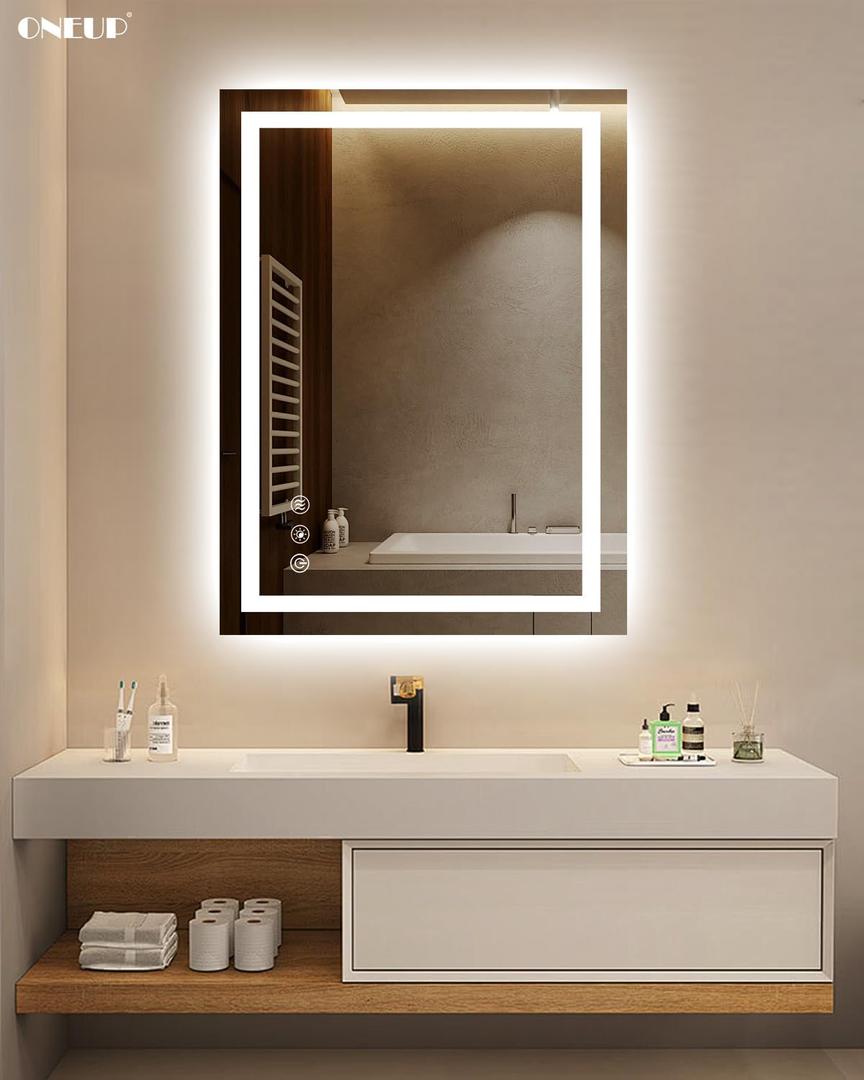 oneup 24x32'' LED Bathroom Mirror,Lighted Bathroom Mirror with Lights,Dimmable 3 Colors Temperature,Anti-Fog,Modern Vanity Mirrors for Wall,Touch Screen,Memory, Shatterproof