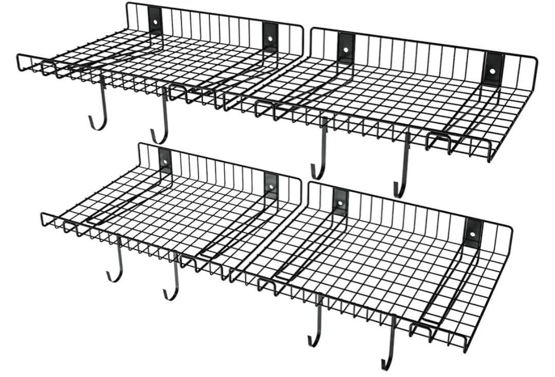 4 Pack Garage Wall Shelf, Wall Mounted Storage Shelves, Heavy Duty Metal Shelves for Room Wall, Loads 160 LBS Floating Shelves Mesh Storage Rack for Garage, Office, Basement,Wall Cabinet and Kitchen