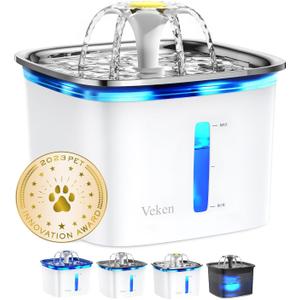 Veken Innovation Award Winner 95oz/2.8L Cat Water Fountain with Stainless Steel Lid, Automatic Pet Fountain Dog Water Dispenser with Replacement Filters for Cats, Dogs (Silver, Stainless Steel)