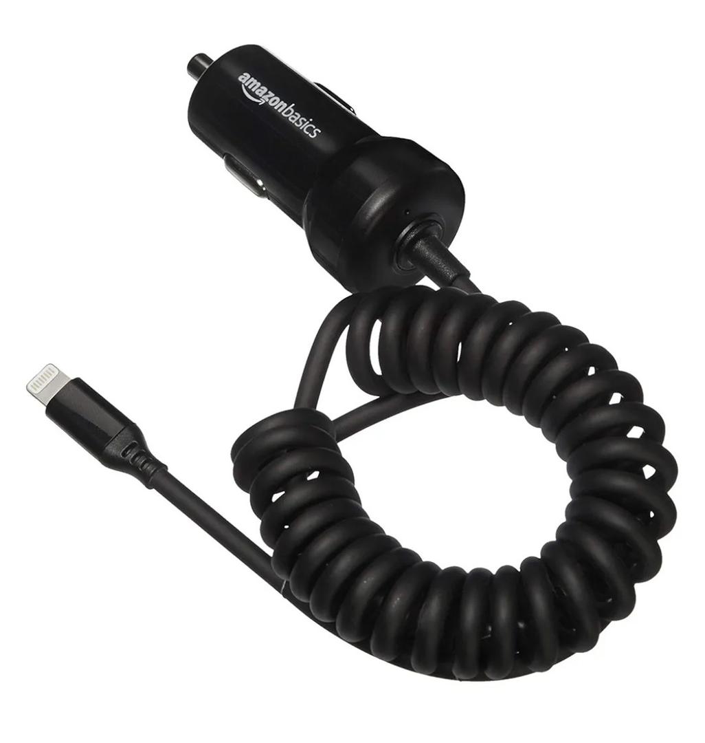Amazon Basics 12W (5V, 2.4A) Fast Charging Car Charger with Coiled Lightning Cable for iPhone, iPad and Apple Devices, 1.5 ft - Black