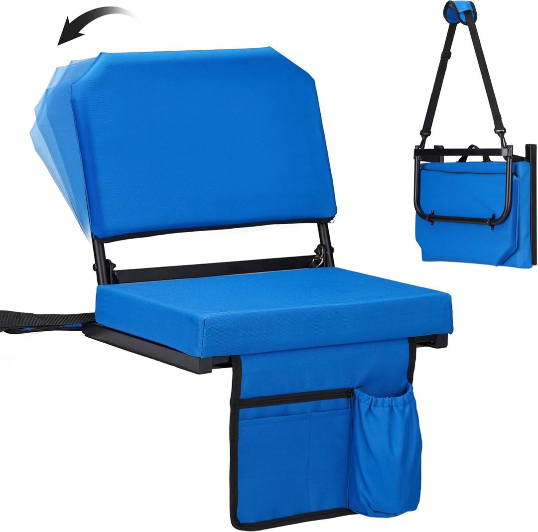 Dragosum Stadium Seats with Back Support Swivel, Bleacher Chairs with Shoulder Strap & Cup Holder, Upholstered Portable Folding Bleacher Seats (Royal Blue)