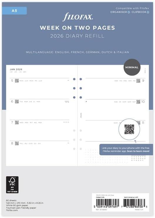 Filofax Calendar Diary Refill, A5 Size, Week-to-View, Minimal Diary Pack, White Paper, Multilingual: Five Languages, 2026 (C68590-26)