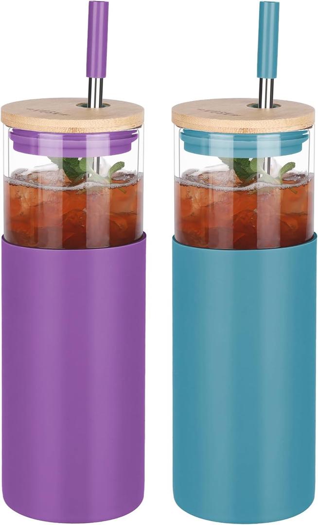 Glass Tumbler w/Lids & Straw: 24 oz Reusable Glass Cup w/Bamboo Lid, Stainless Steel Straws, BPA-Free, Leak-Proof, Dishwasher Safe for Coffee/Smoothies/Hot Beverage, Travel/Office/Home Use, 2-Pk (Blue&Purple)