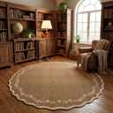 GarveeHome Scalloped Round Area Rugs 8ft for Living Room, Large Solid Brown Washable Circle Rug Soft Non Slip Floral Print Floor Mat Carpet Indoor Thin Rug for Bedroom Dining Room Playroom Nursery