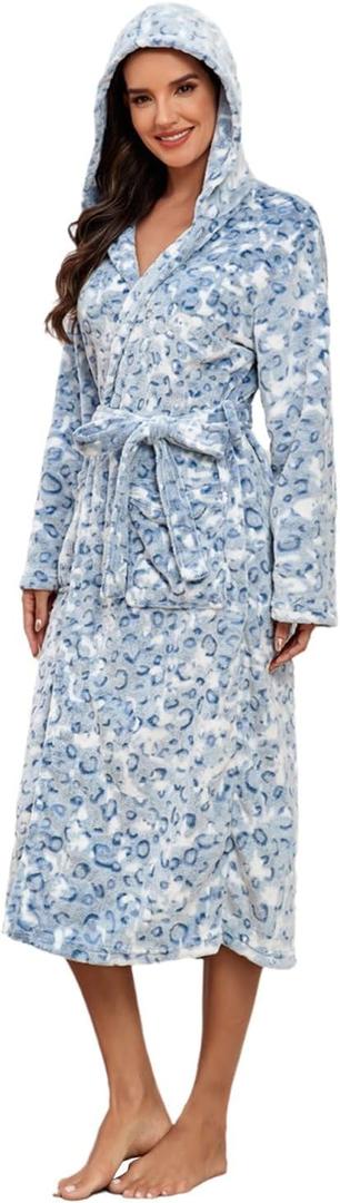 RONGTAI Leopard Print Hooded Bathrobe for Women, Long Shawl Collar Fleece Womens Robe with Pockets and Belt (M, Blue), Medium