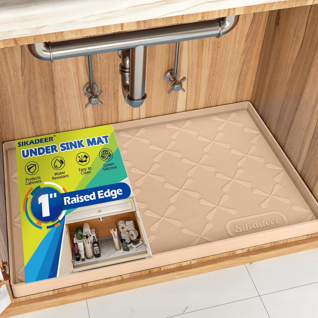 SIKADEER Thicken Under Sink Mat 28" x 19", Waterproof Food-Grade Silicone Tray, 1-Inch High Edge for Bathroom and Kitchen Cabinets, Easy to Clean, Flexible Shelf Liner Drip Tray (Beige)