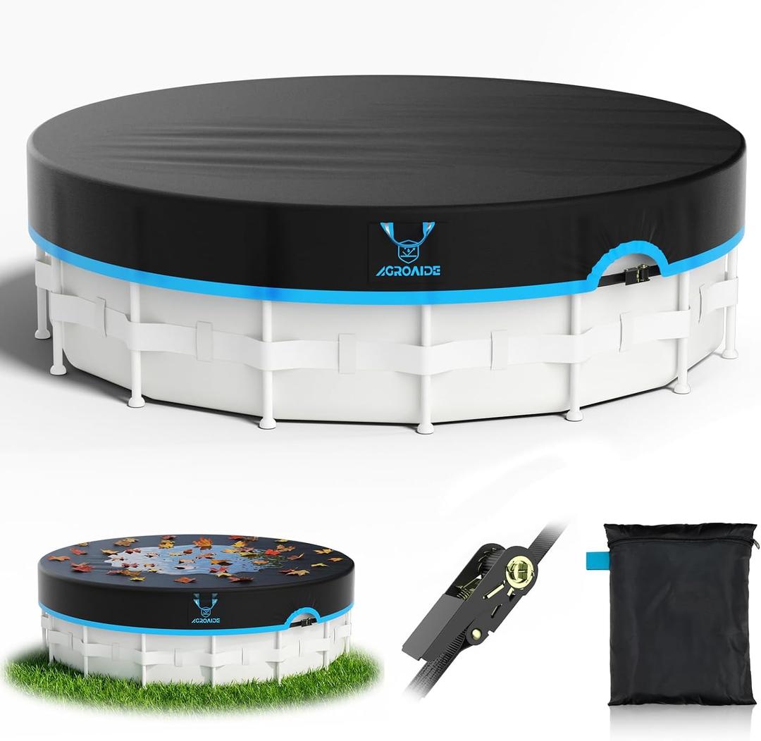 14ft Round Pool Cover, 420D Heavy Duty Oxford Fabric with Ratchet Tie Downs - UV Resistant, Cold & Keeps Out Debris