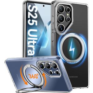 Oneagle 360 Spin Magnetic Stand for Samsung Galaxy S25 Ultra Case Clear [Fit for Magsafe], [30X Anti-Yellow] S25 Ultra Phone Case 6.9" with [Rotatable Kickstand Ring][15FT Military Grade Protection]