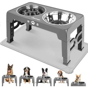 Jovrun Elevated Dog Bowls for Medium Size Dogs with Mat, Non-Slip Dog Feeder with 1*Stainless Steel Dishes & 1*Slow Feeder Bowl, 5 Heights Adjustable Raised Bowls for 3.15-8.66-9.84-11.02-12.2 (Grey)