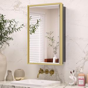 Keonjinn 17" x 25" Gold Medicine Cabinets for Bathroom with Mirror, Recessed or Surface Wall-Mounted Aluminum Alloy Framed Beveled Mirror, Single Door Metal Bathroom Vanity Mirror with Storage Cabinet Keonjinn 17" x 25" Gold Medicine Cabinets for Bathroom with Mirror, Recessed or Surface Wall-Mounted Aluminum Alloy Framed Beveled Mirror, Single Door Metal Bathroom Vanity Mirror with Storage Cabinet