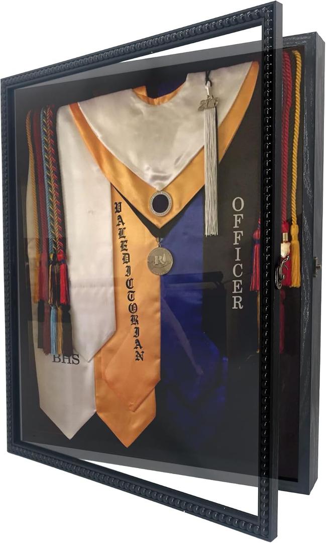 16x20 Graduation Shadow Box Frame , Graduation Display Case with Unique Design Beads, HD Glass Window, Metal Lock, Memory Box for Graduation Keepsake, Graduation Cap and Gown, Black