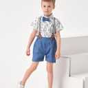 Toddler Baby Boy Outfits 12-18M Boys Dress Clothes Suit Cotton Linen Short Sleeve Shirts+Bowtie+Suspender Shorts Set (Blue)