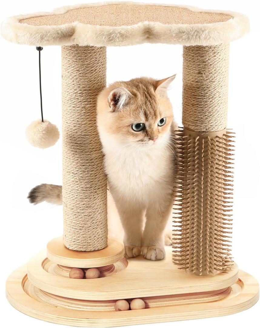 Made4Pets Cat Scratching Post, Cat Self Groomer for Indoor Cats, Cloud Soft Perch for Rest, 17.5" Tall Natural Sisal Scratcher Cat Grooming Interactive Ball Track Toys for Small Cats Kittens
