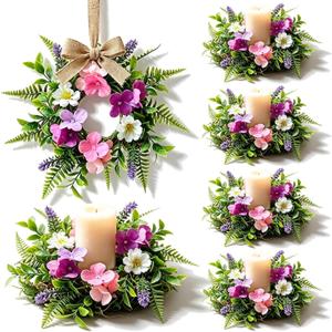 6 Pcs Summer Tropical Mini Candle Ring Wreaths Artificial Hibiscus Flowers Small Candle Holder Wreaths with Fern Fronds for Home Kitchen Front Door Cabinets Farmhouse Porch Wall Table Centerpieces