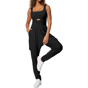 Casei Jumpsuits for Women Casual Summer Rompers Sleeveless Loose Strap Baggy Overalls Yoga Harem Jumpers with Pockets (Small, Black)