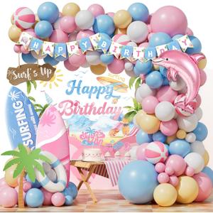 Surf Birthday Party Decorations, Beach Birthday Party Decorations for Girls, Summer Hawaii Wave Surf's Up Birthday Supplies Balloon Garland Surfboard Cardboard for Surf-Themed Bday Girl Decor Kit