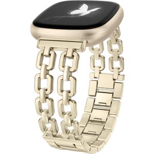 Wearlizer Metal Band Compatible with Fitbit Versa 4 Bands for Woman/Versa 3/Sense 2/Sense Bands Women, Dressy Chain Strap Designer Stainless Steel Bracelet Wristband (Champagne Gold)