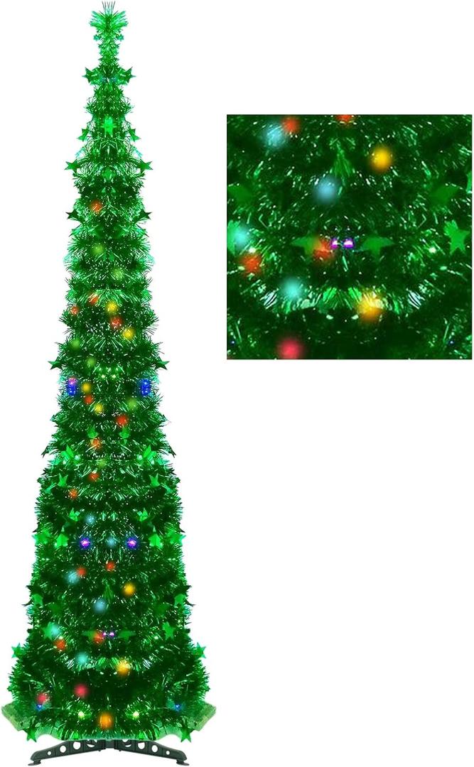 Artificial Christmas Tree with 100 Color Lights, 5 Ft Pop Up Collapsible Tinsel Christmas Tree, Christmas Decorations for Home Fireplace Party Indoor Outdoor (Green)