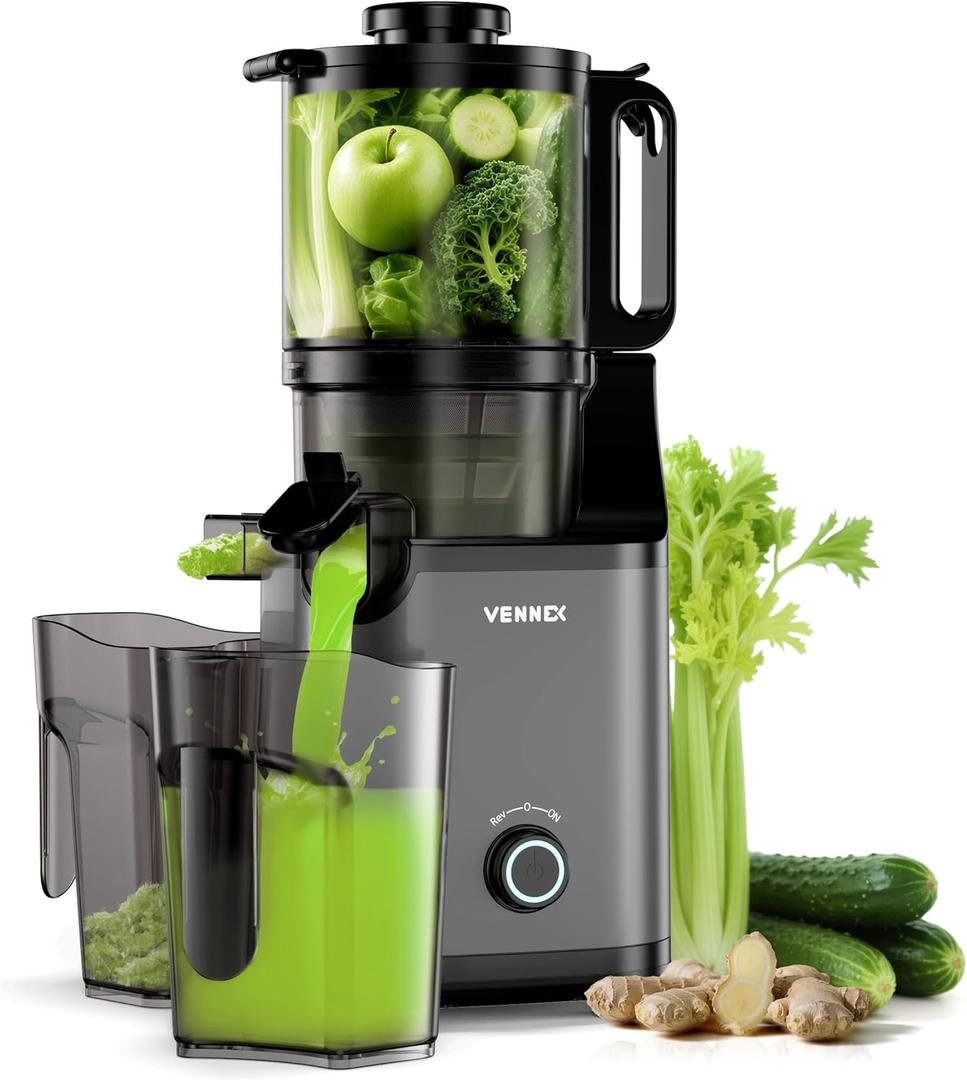 VENNEX Cold Press Juicer, 5.7" Extra Large Feed Chute for Whole Fruits & Vegetables, Dual Auger Slow Masticating Juicer Machines for High Juice Yield, Easy Cleaning Triturating Juice Maker, BPA Free