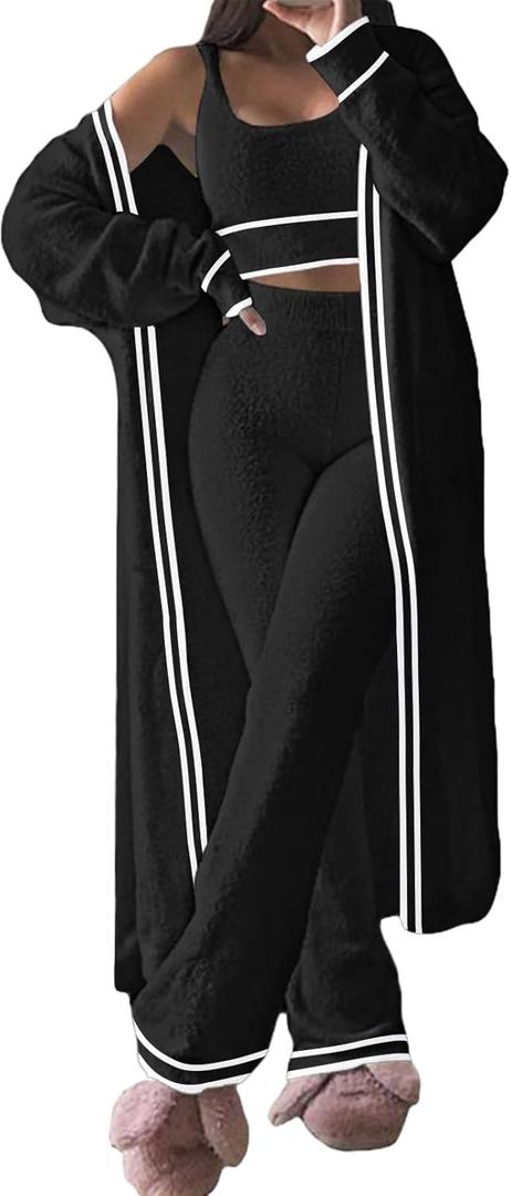 Fixmatti Women's Fuzzy 3 Piece Sweatsuit Open Front Cardigan Crop Tank Tops Wide Legs Pants Lounge Sets (Medium, 1-black Stripe)