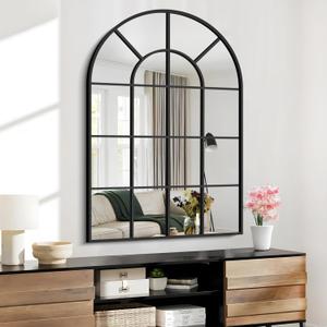 GLASHOM Black Arched Mirror,30x40 inch Arched Window Morror Wall Mounted,Black Frame Window Pane Mirror for Living Room Bedroom Entryway Hanging or Leaning Against Wall