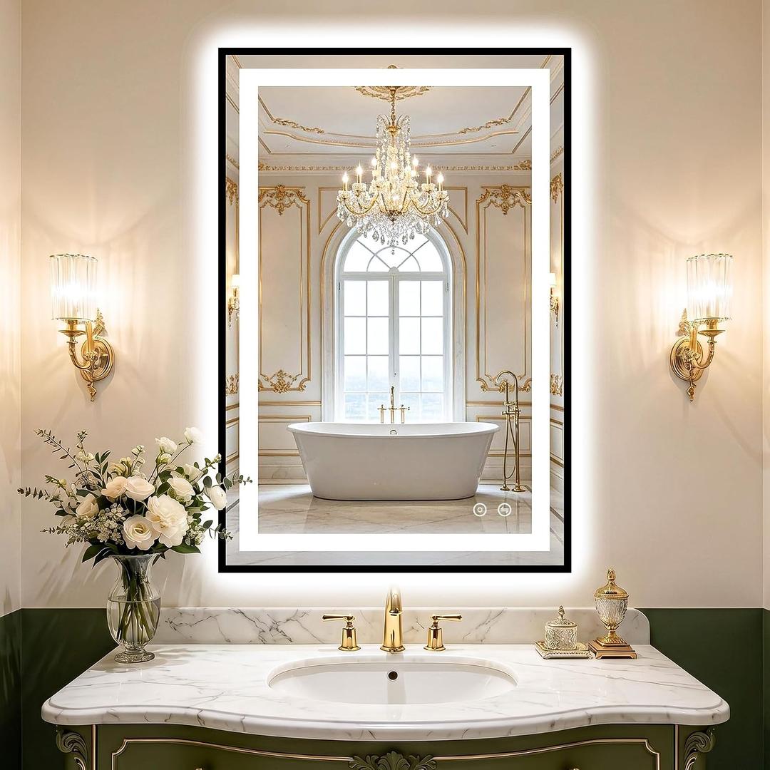 Led Bathroom Mirror with Light, 36x24 Bathroom Vanity Mirror for Wall with Frame, Anti-Fog, Dimmable 3 Colors, Memory Function, Backlit and Front Lit, Shatter-Proof Glass, Plug-in/Hardwired