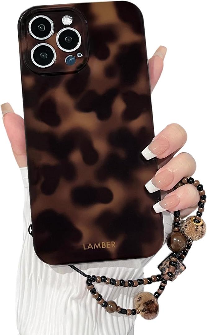 NITITOP Compatible with iPhone 12 Pro Max Case with Chain Lanyard Strap Stylish Leopard Print Tortoise Brown Amber for Women Girls Men Soft TPU Shockproof Protective Cover - Brown