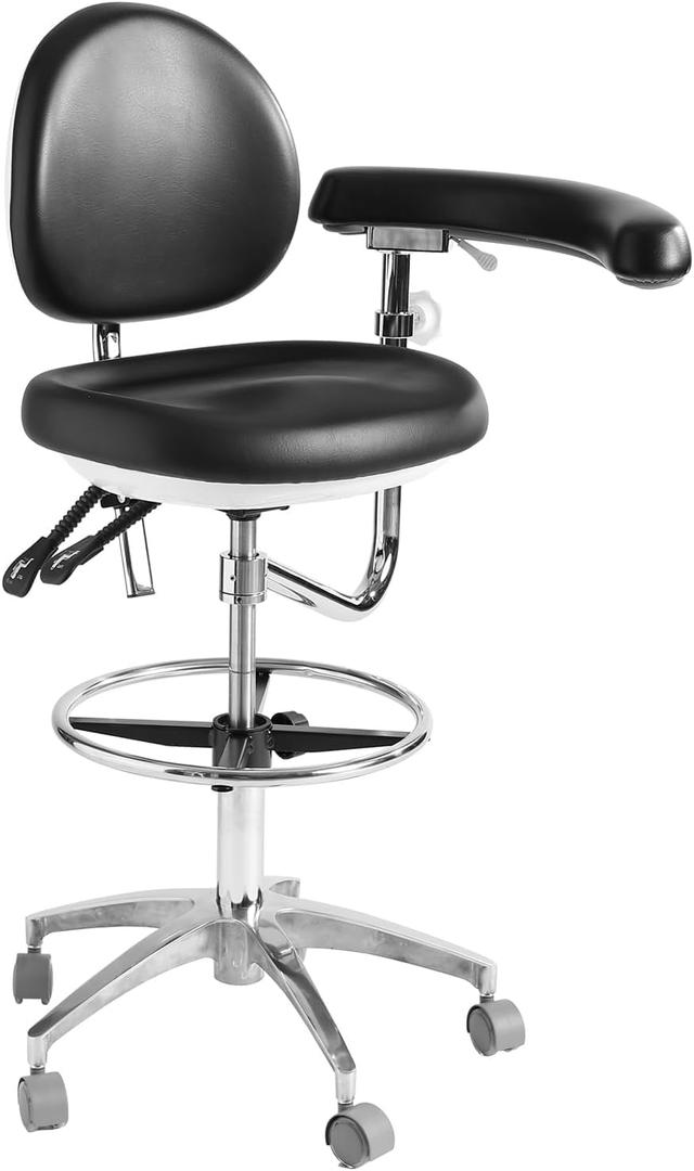 Medical Dental Assistant Chair with Rotatable Armrest Rolling Medical Chair Ergonomic Swivel Seating Back Support Dentist Stool for Clinics, Dental Offices, Labs-Black (Black-pu Leather)