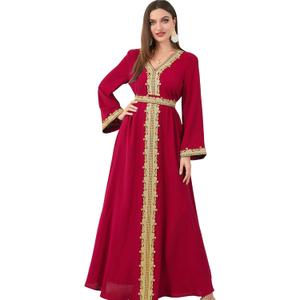 IBAKOM Abaya for Women Floral Lace Ethnic Moroccan Dress Muslim Dubai Attire Islamic Clothes Wedding Eid Ramadan Jalabiya (X-Large, Red)