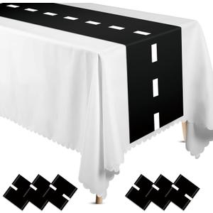 Preboun 6 Pcs Plastic Checkered Table Runner 14 x 108 Inch Racetrack Road Table Runner for Two Fast Car Theme Birthday Racing Party Decor Events Supplies (Black White Race Track)