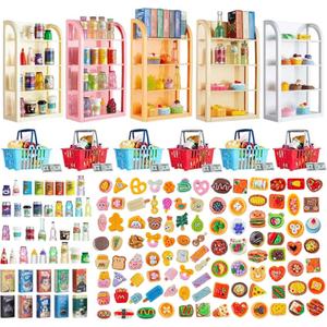 164pcs Miniature Supermarket Shelves Furniture Model 4 Layers Shelf Display Rack Doll House Accessory Storage Bookshelf Accessories Mini Locker Decor Food Drink Bottle Toy Cosplay Game Party