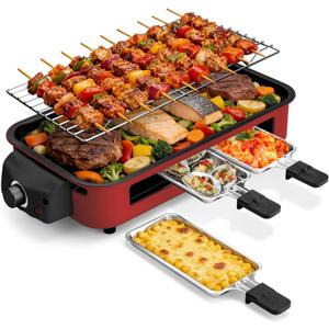 Pukomc Electric Indoor Grill,2 in 1 Indoor Grills for Kitchen with Grill Net & Non-Stick Cooking Removable Plate, Temperature Control, Dishwasher Safe, 1700W RED