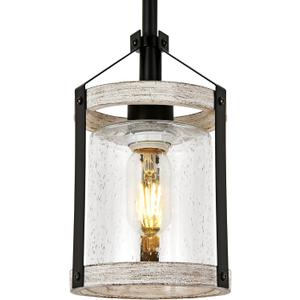 Farmhouse Pendant Light, Seeded Glass Kitchen Light with Metal Cage, Rustic Hanging Pendant Lighting Fixture with Distressed Wood Finish, Modern Farmhouse Island Light for Dining Room, Foyer (White-2)