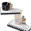 Creative Piano Coffee Mug Ceramic Tea Mug With Saucer and Spoon Coffee Mugs for Office and Home 6.5 oz/200 ml for Tea Latte Milk Holiday Gift (Black)