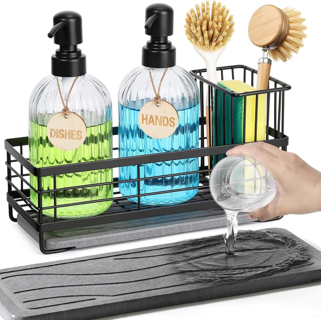 Shinowa Kitchen Dish Soap Dispenser Set, 14OZ Glass Bottle with Rustproof 304 Stainless Steel Sponge Holder and Instant Dry Tray, Hand and Dish Soap Dispenser Set for Kitchen Sink Organizer Decor (Black + Dark Grey + Transparent)