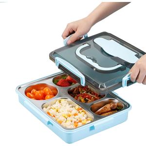 304 Stainless Steel Bento Lunch Boxes for Adults, 5 Sections Rectangular Divided Plates Tray Blue Reusable dinner Plate with Lid and Buckled leak-proof Portion Control Food Containers