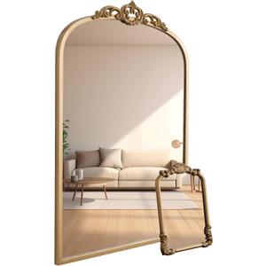1 Set Vintage Mirror 20x30 Gold Antique Baroque Arched Ornate Traditional Brass Mirror and 8.5x12 Vintage Vanity Makeup Desk Table Mirror for Bathroom Entryway Living Room Hallway Fireplace