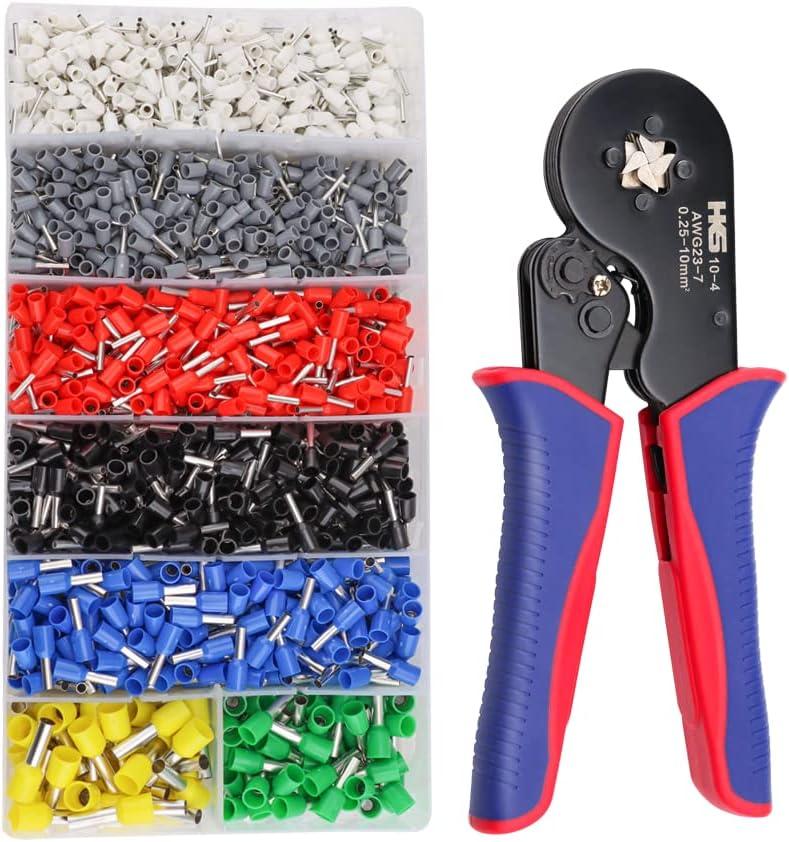 HKS Ferrule Crimping Tool Kit - Square Ferrule Crimper Plier (AWG 23-7) with 1900pcs Wire End-Sleeves Terminals Kit