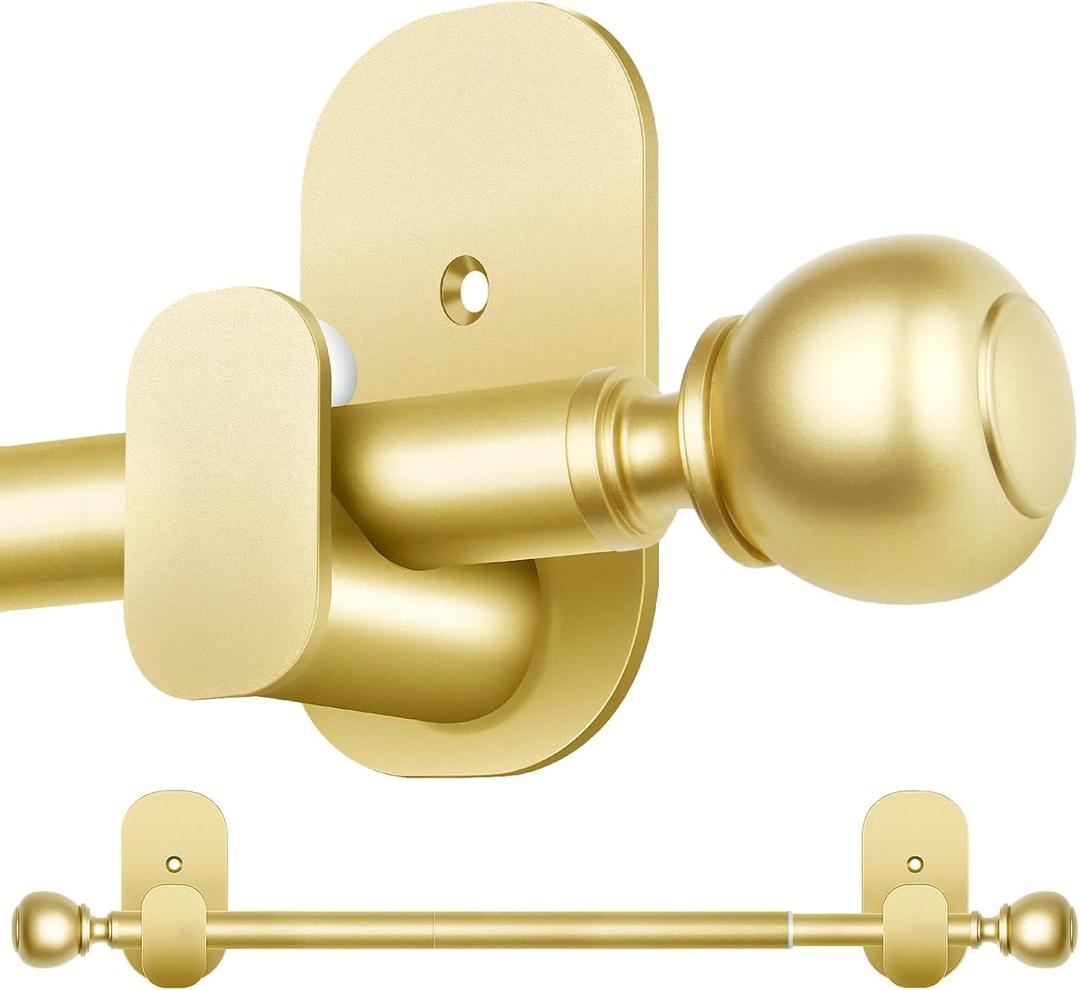 Gold No Drill Curtain Rods for Windows 48 to 84 Inch, USFOOK 5/8 Inch Curtain Rods No Drilling with 3M Adhesive Holders, Apartment Friendly Drapery Rod with Round Finials