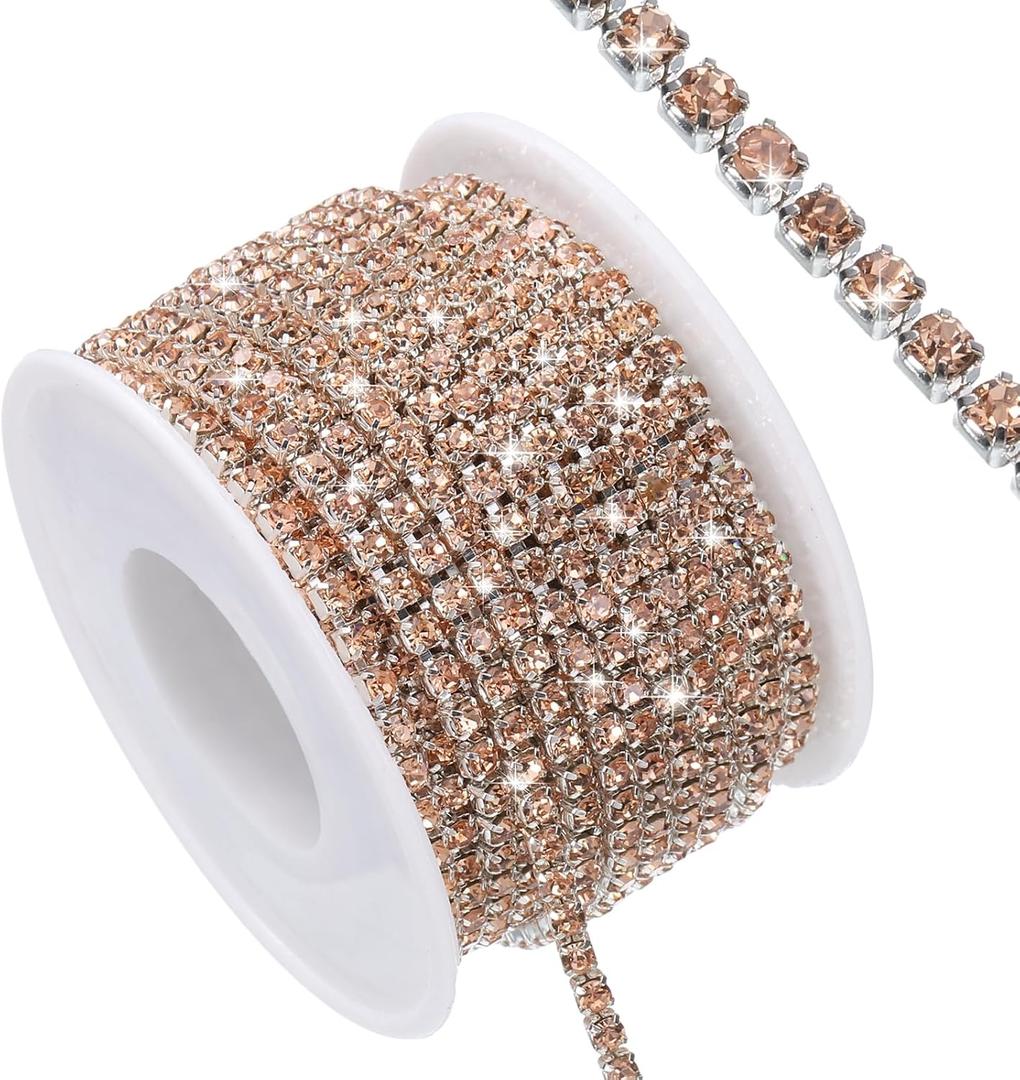uxcell 11 Yard Crystal Rhinestone Close Chain Trim, Champagne Rhinestone with Silver Base, Modern Style, Wedding, Birthday, Christmas, Multiple Occasions
